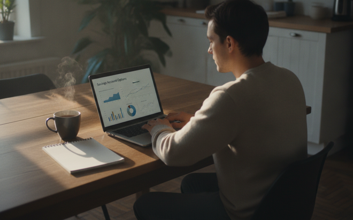A UK saver reviewing accounts and checking the savings interest tax rules at a kitchen table